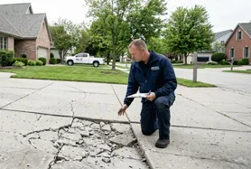 A concrete repair specialist kneels on a damaged residential driveway in a Columbus-area suburb, using a tool to assess a large crack and heaved section of broken concrete caused by freeze-thaw cycling and soil movement. The crumbling, displaced slab sections illustrate the type of driveway deterioration common in central Ohio's clay soil conditions, with well-maintained brick homes and manicured lawns visible in the background along the quiet neighborhood street.