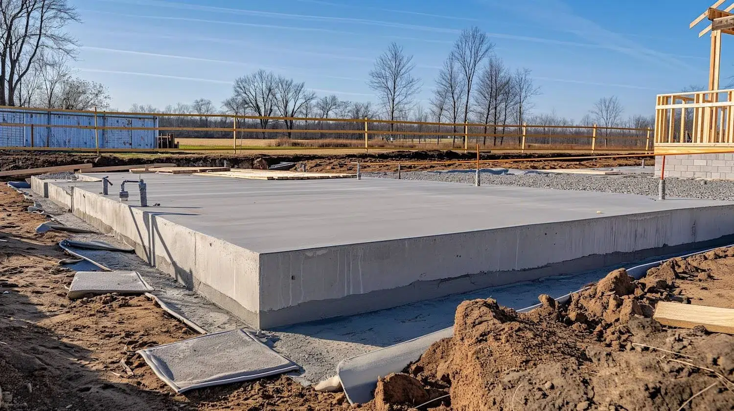 Concrete foundation slab with post anchors on a prepared gravel base