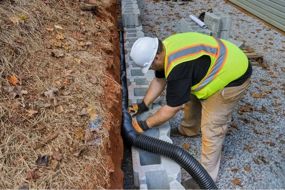 Worker installing corrugated drainage pipe along a concrete block foundation